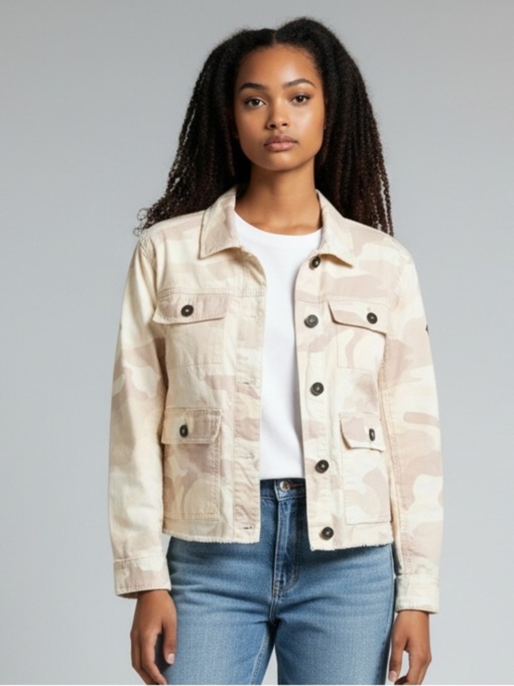 Hollister Women's Neutral Camo Button-Front Utility Jacket